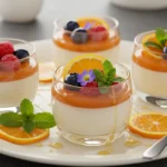 Best panna cotta recipe with colorful toppings on a white plate