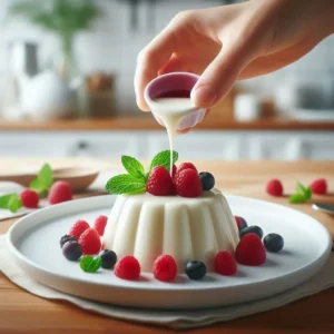 Unmolding panna cotta onto a plate for serving