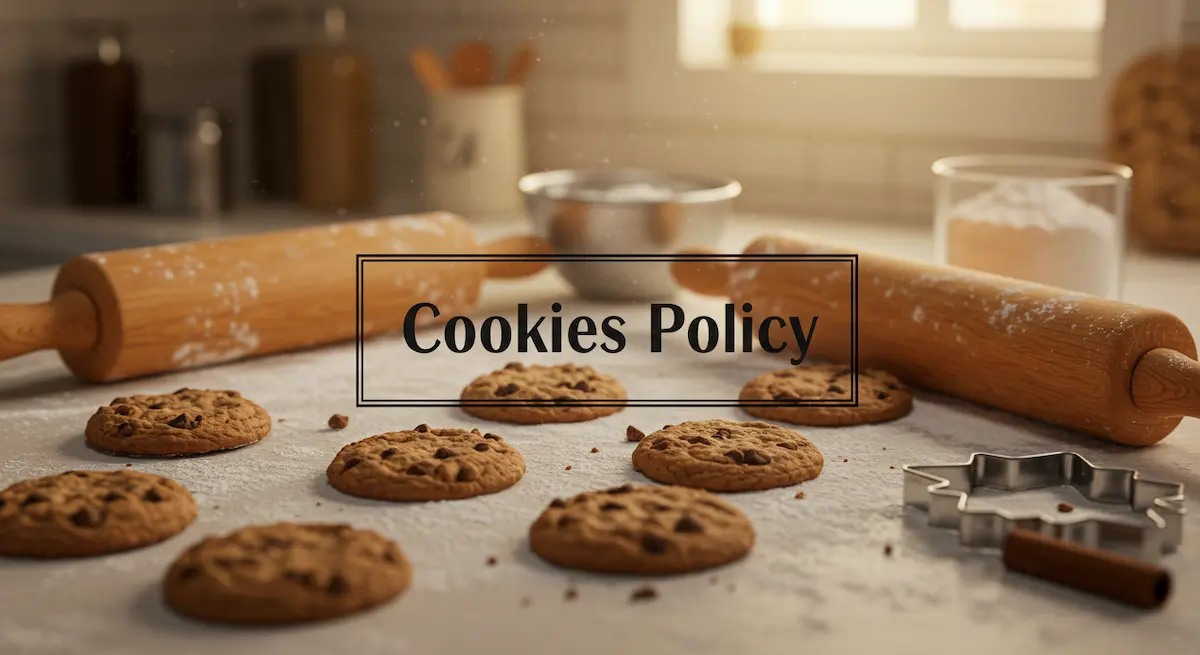 Rolling pin and chocolate chip cookies on a flour-dusted counter
