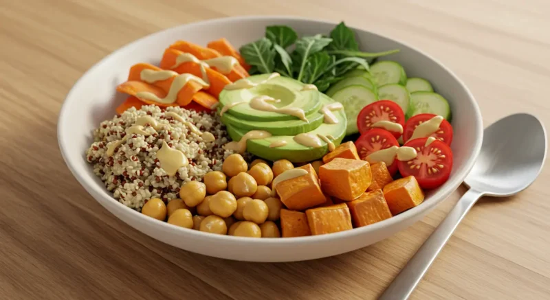 Vibrant Mediterranean chickpea and quinoa power bowl with fresh vegetables in a white bowl on a wooden table