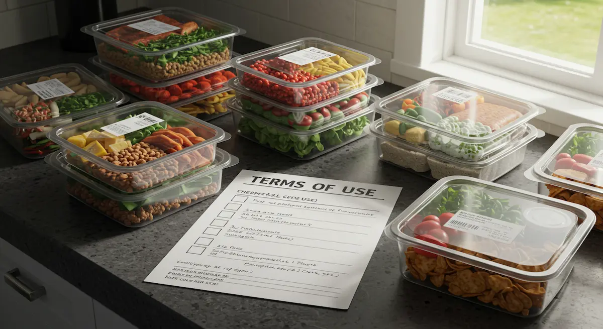Prepped meals in containers with a checklist