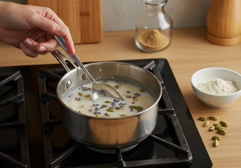 Warming oat milk with lavender, cardamom, and agar powder