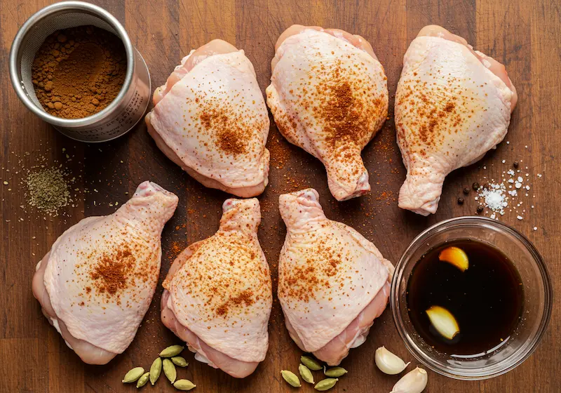 Chicken thighs with dry rub and wet marinade ingredients