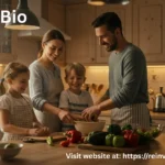 A happy family cooking together in a cozy kitchen, with children helping parents prepare food.