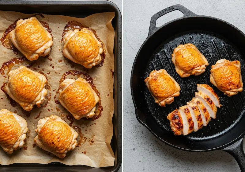 Baked chicken grilled in skillet with charred edges