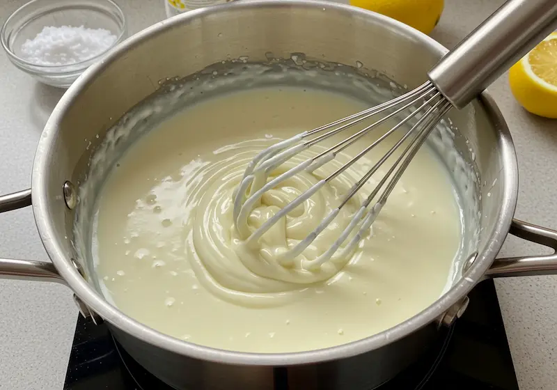 Whisking melted white chocolate, coconut cream, and citrus into panna cotta