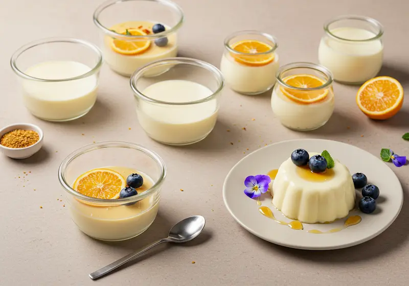 Set panna cotta unmolded onto plates with seasonal toppings