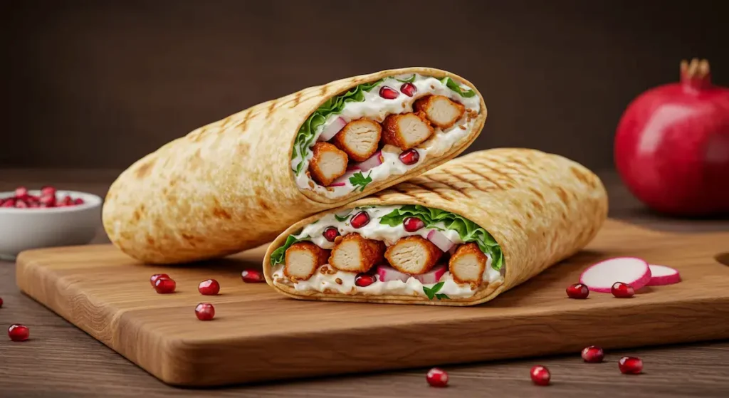 Chicken shawarma wrap with creamy labneh and fresh pomegranate drizzle served on flatbread