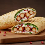 Chicken shawarma wrap with creamy labneh and fresh pomegranate drizzle served on flatbread
