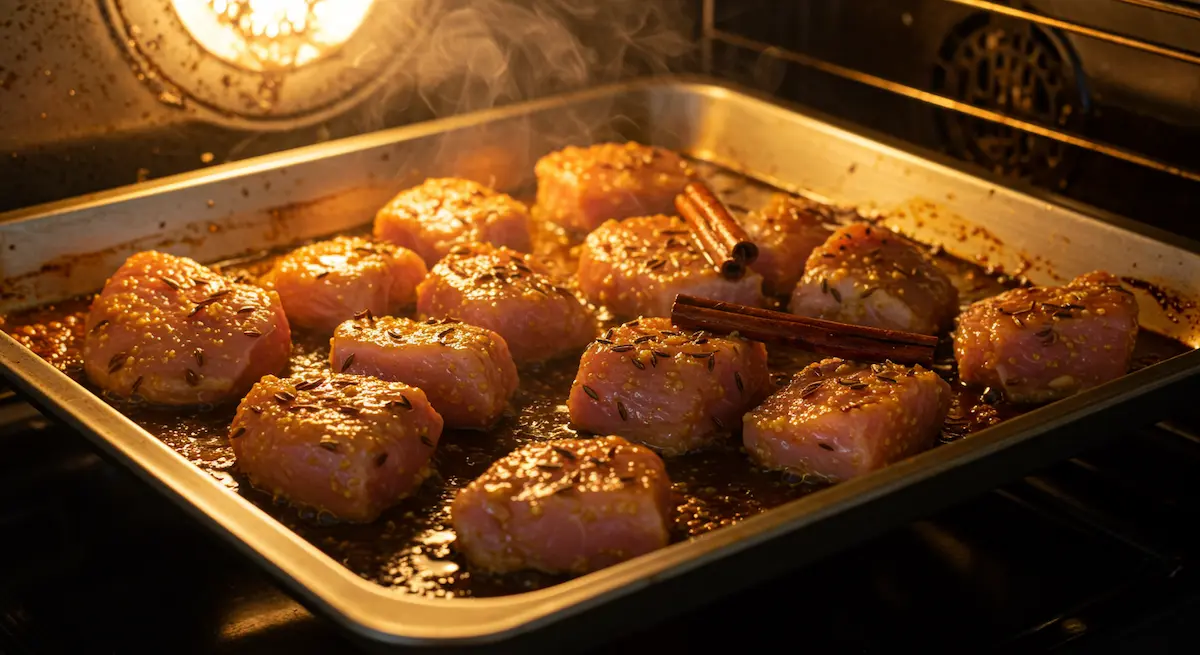 Pork carnitas broiling with orange soda glaze for crispy edges
