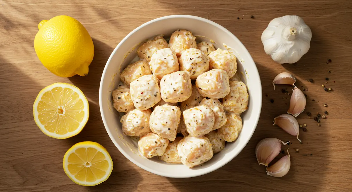 Chicken cubes marinating in yogurt and spices for homemade nuggets
