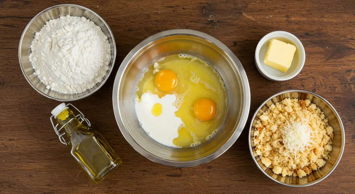 Three bowls setup for coating chicken nuggets - flour, eggs, breadcrumbs