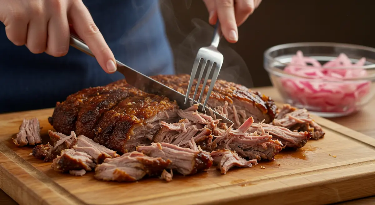 Shredding juicy broiled carnitas with forks for tacos
