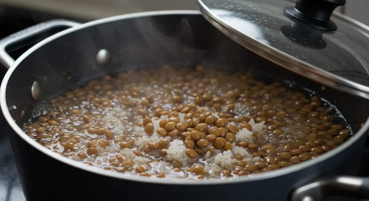 Simmering lentils and rice in one pot for garlic lentil rice