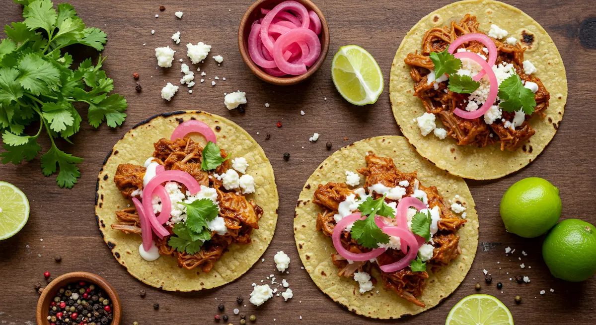 Fully assembled crispy carnitas tacos with toppings