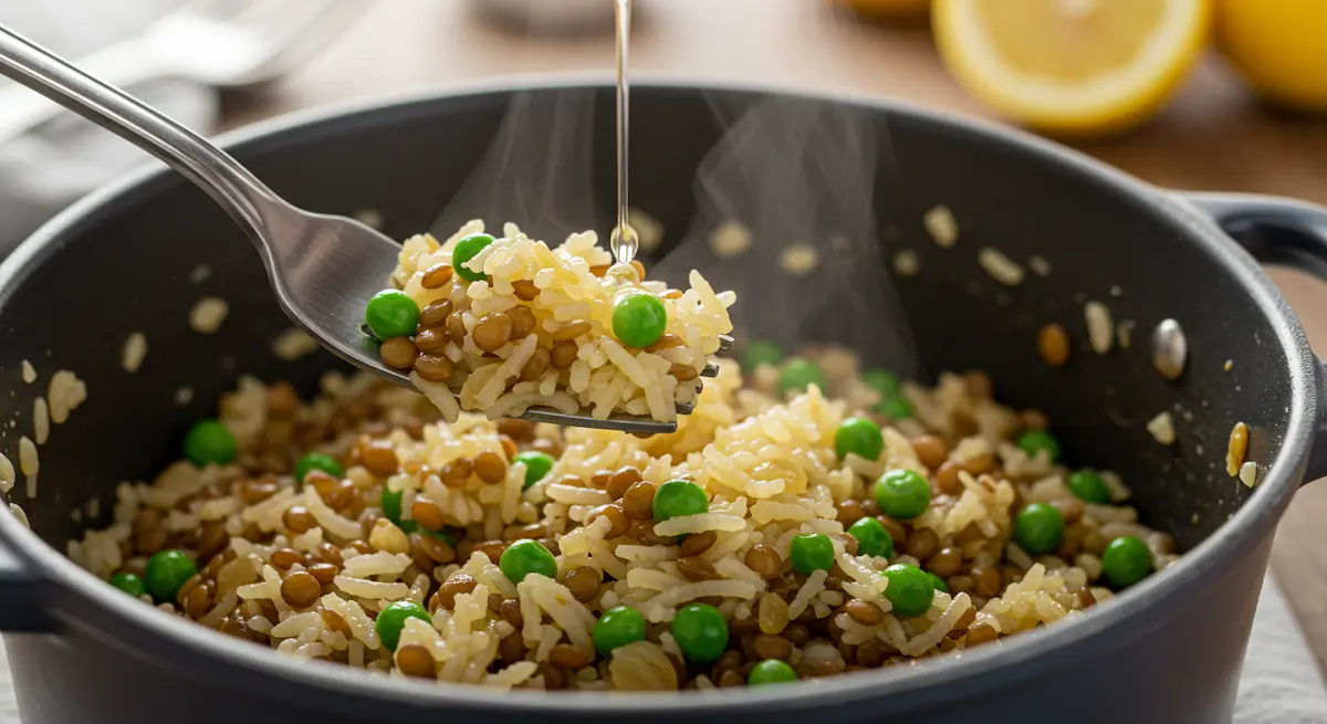 Fluffing garlic lentil rice with peas and lemon juice on top