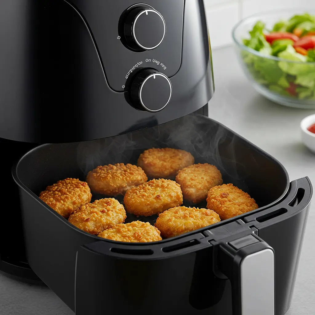 Crispy air-fried chicken nuggets in basket
