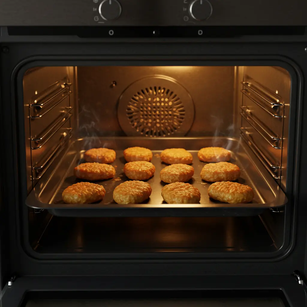 Homemade chicken nuggets baking in oven