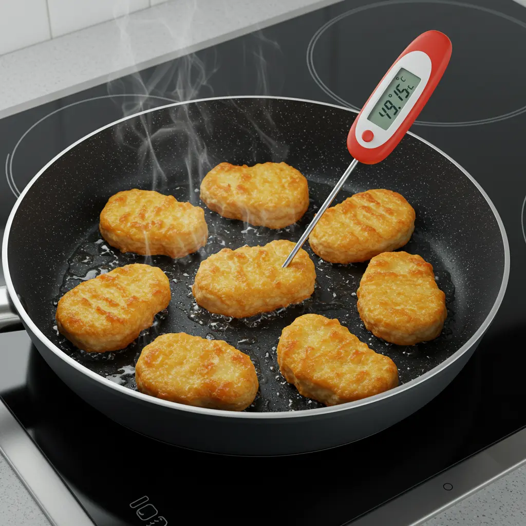 Pan-frying chicken nuggets in minimal oil until golden, reaching 75°C internal temperature