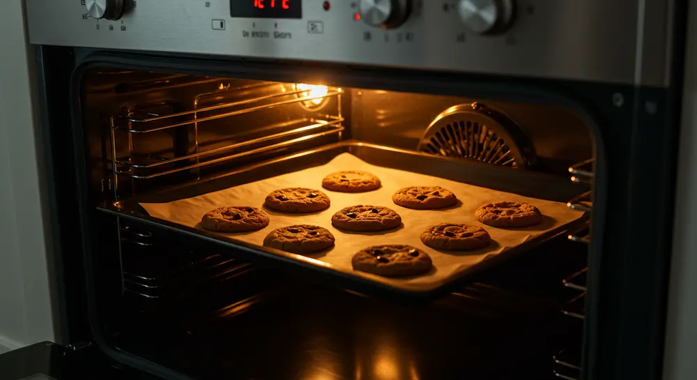 Chocolate chip cookies baking at low temperature