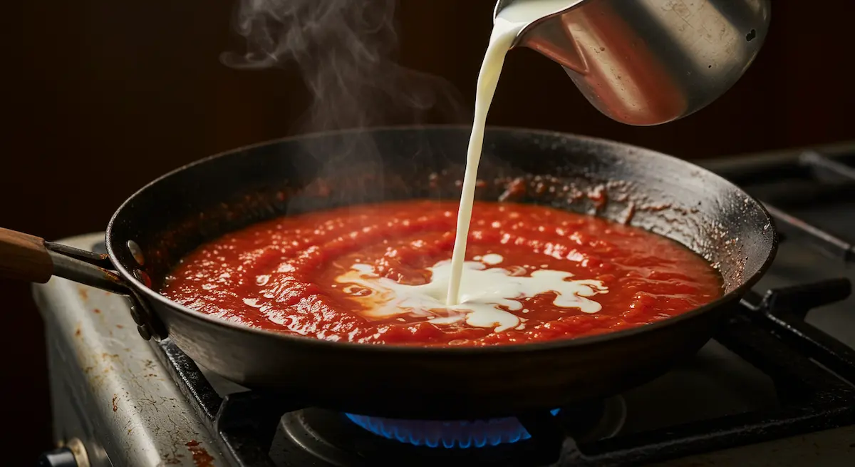 Pouring milk into simmering tomato sauce in pan