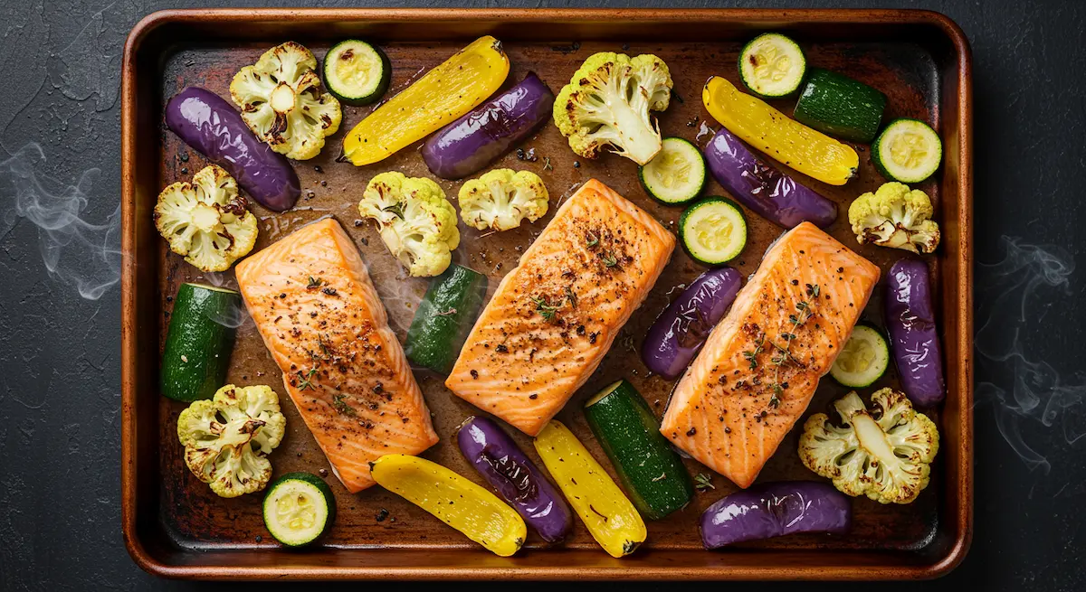Salmon and veggies roasting for diabetic-friendly sheet pan meal