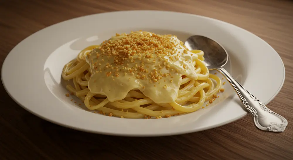 Plated creamy pasta topped with breadcrumbs