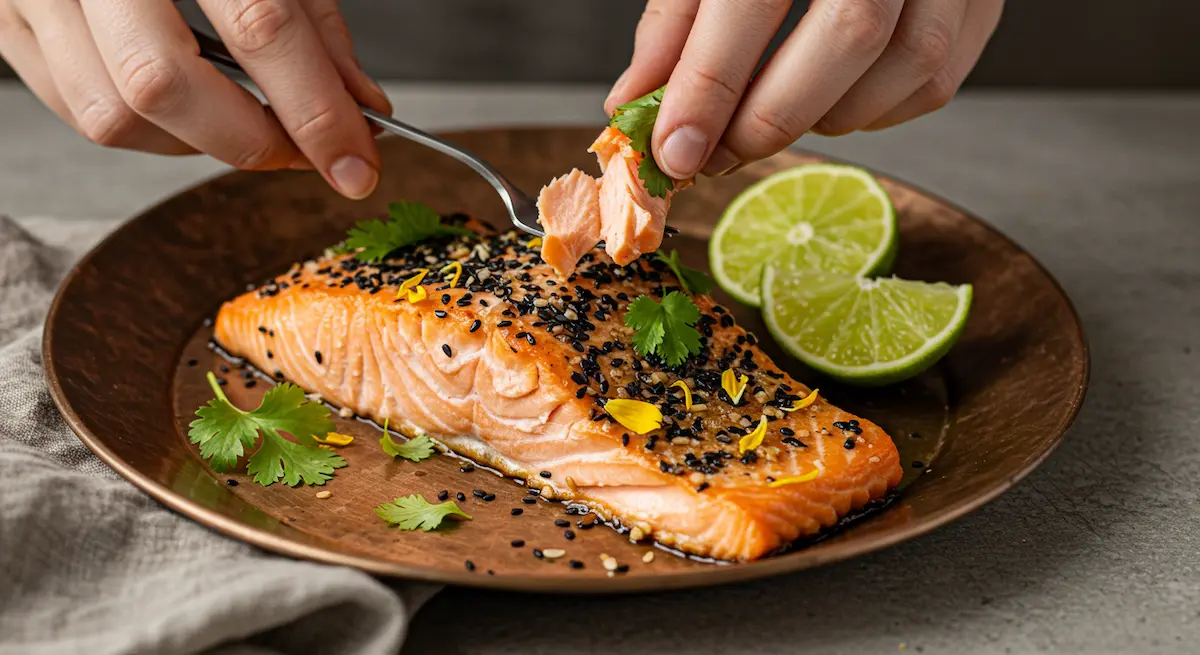 Garnishing roasted salmon with seeds and herbs