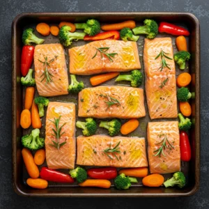 Diabetic-friendly salmon and veggies arranged on sheet pan