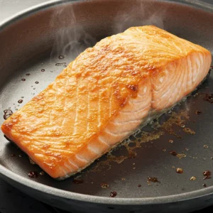 Salmon and veggies roasting with crispy edges