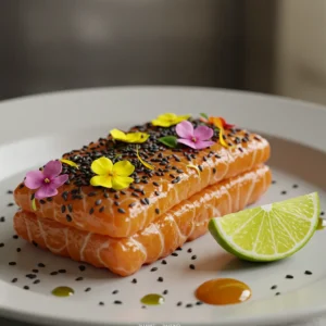 Garnishing roasted salmon with black sesame and herbs