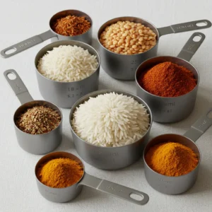 Measuring cups with lentils, rice, and spices