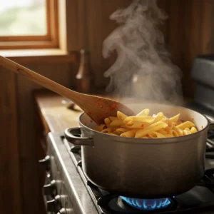 Wooden spoon stirring pasta in pot