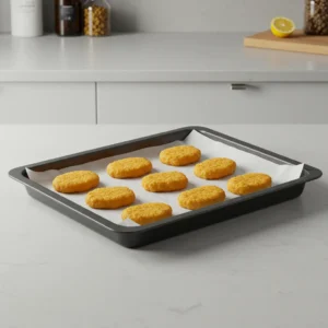 Non-stick baking tray used for crispy oven-baked nuggets