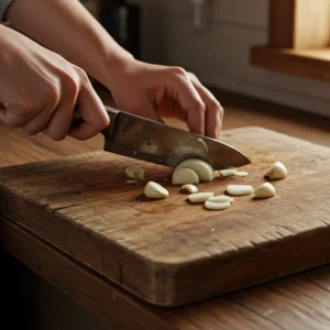 Garlic and onion being chopped on board
