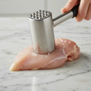 Kitchen mallet tenderizing chicken breast for tender nuggets