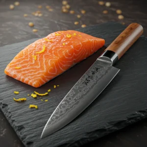 Sharp chef’s knife prepping salmon with citrus zest