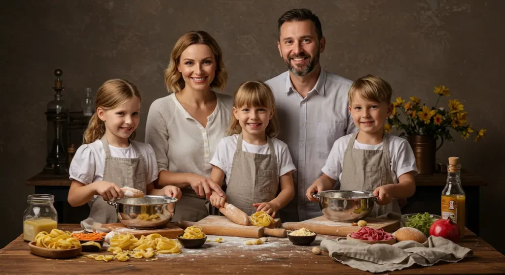 Family Pasta: Cooking pasta together in a warm rustic kitchen