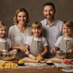 Family Pasta: Cooking pasta together in a warm rustic kitchen