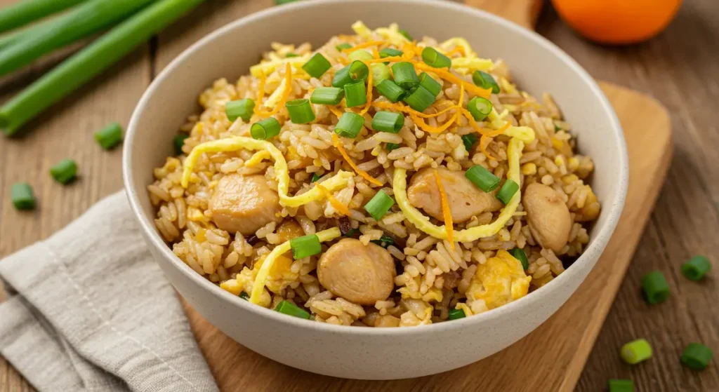 Bowl of Chinese fried rice with chicken and scallions