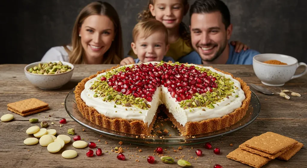 cream pie: preparing a no-bake graham cracker cream pie with pomegranate and pistachio toppings