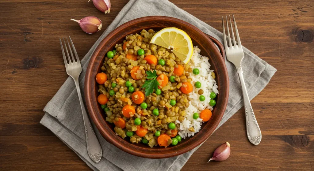 Cheap Healthy Dinner: Garlic lentil rice one-pot dinner under $5 in bowl