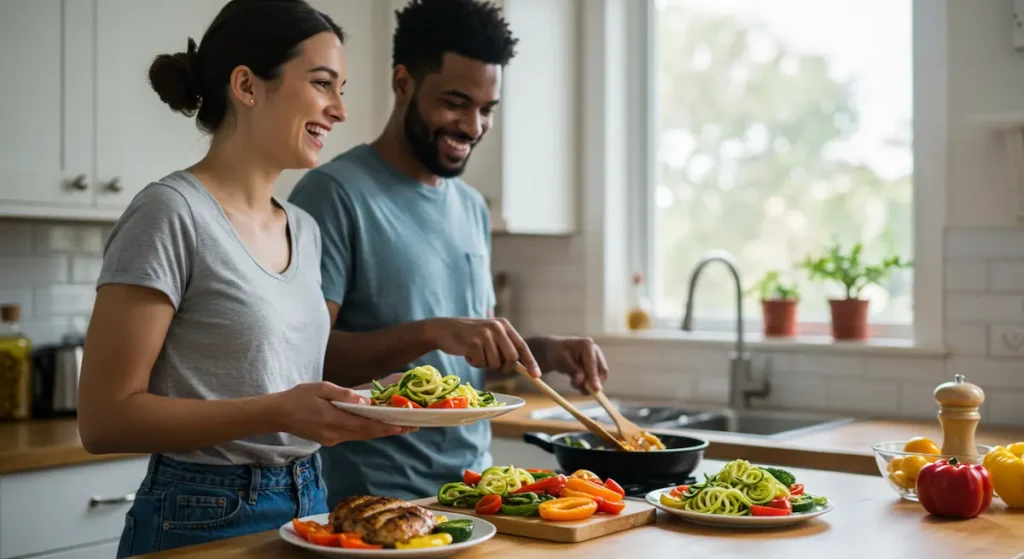 Low-crab Dinner: Happy couple plating a healthy low-carb dinner in bright kitchen