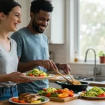 Low-crab Dinner: Happy couple plating a healthy low-carb dinner in bright kitchen