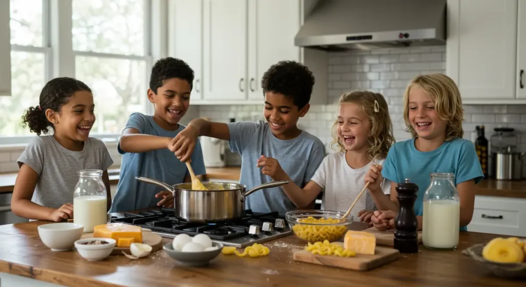 Mac and Cheese: Happy family cooking homemade mac and cheese together in a cozy kitchen