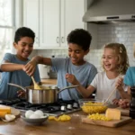 Mac and Cheese: Happy family cooking homemade mac and cheese together in a cozy kitchen
