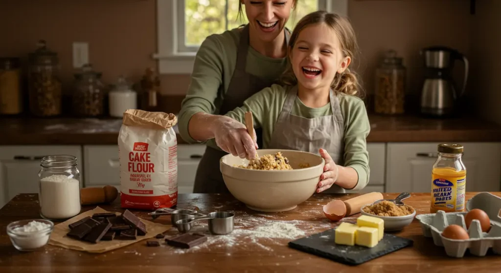 Chocolate Chip Cookies: Mother and daughter making soft chocolate chip cookies together in a cozy kitchen