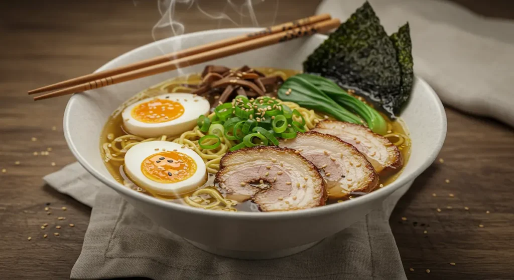 Shoyu Ramen: Steaming bowl of homemade Shoyu Ramen with pork belly, soft-boiled egg, and green onions on a wooden table
