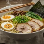 Shoyu Ramen: Steaming bowl of homemade Shoyu Ramen with pork belly, soft-boiled egg, and green onions on a wooden table