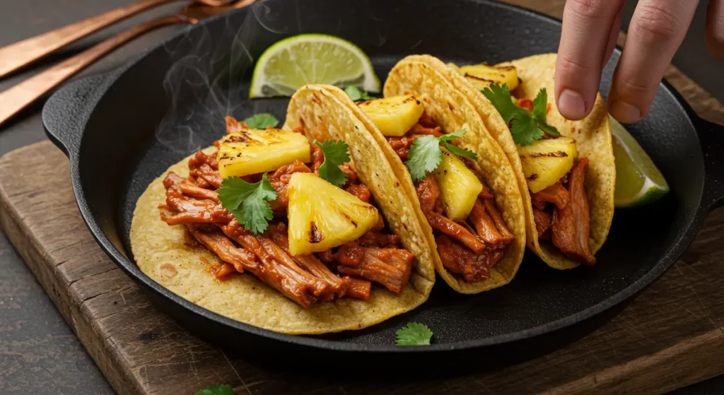 Tacos AI Pastor: Crispy homemade Tacos Al Pastor with charred pineapple and fresh cilantro on slate board